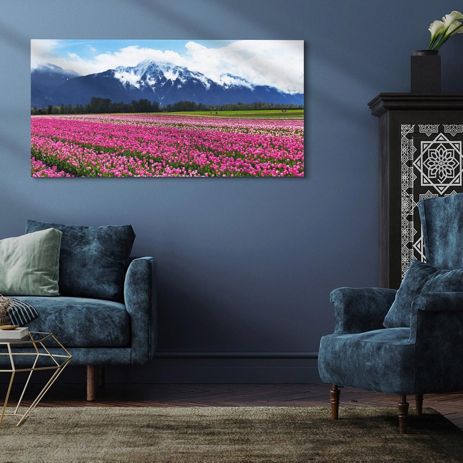 Obraz na płótnie 120x60 - Tulipany w malowniczym krajobrazie" - tulipany, krajobraz