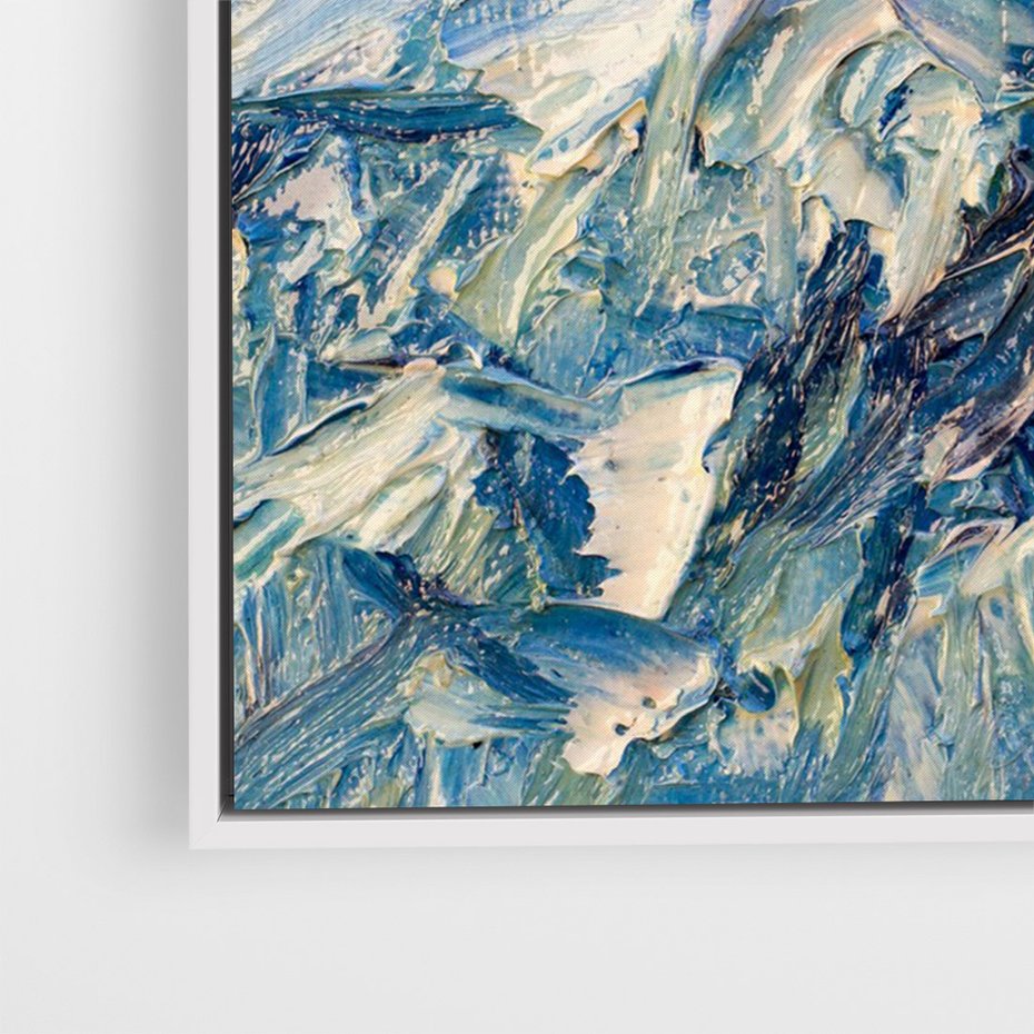 Obraz w ramie 50x70 - Majestat Błękitnych Szczytów - olejny obraz, górski pejzaż - rama biała