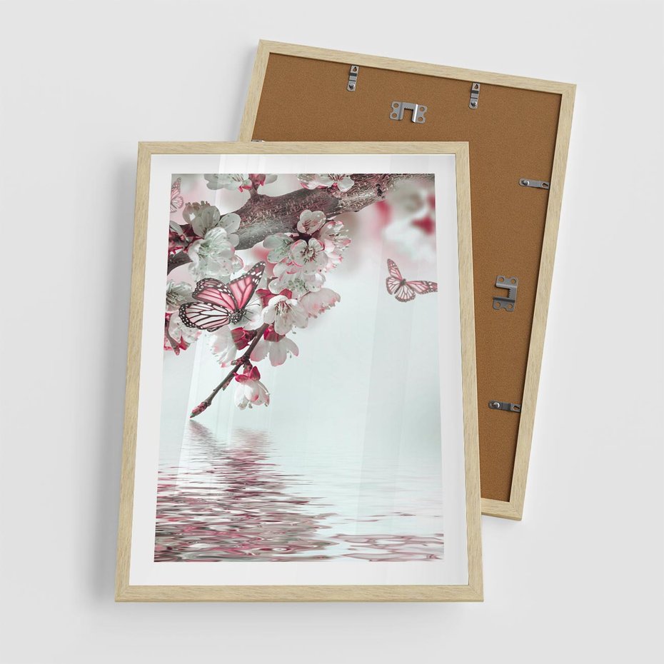Plakat w ramie 50x70 - Kwiatowa baśń z motylami - kwiaty, motyle - rama drewno