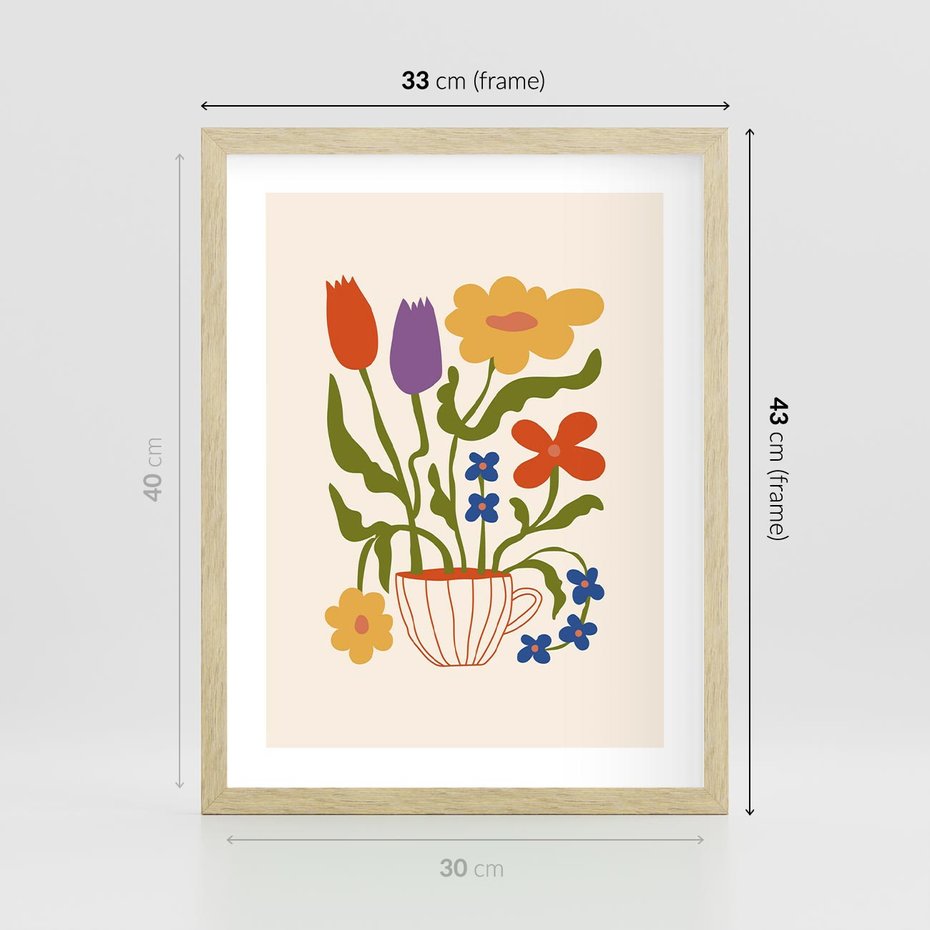 Plakat w ramie 30x40 - Kolorowe Granice - kwiaty w filizance, abstrakcja - rama drewno