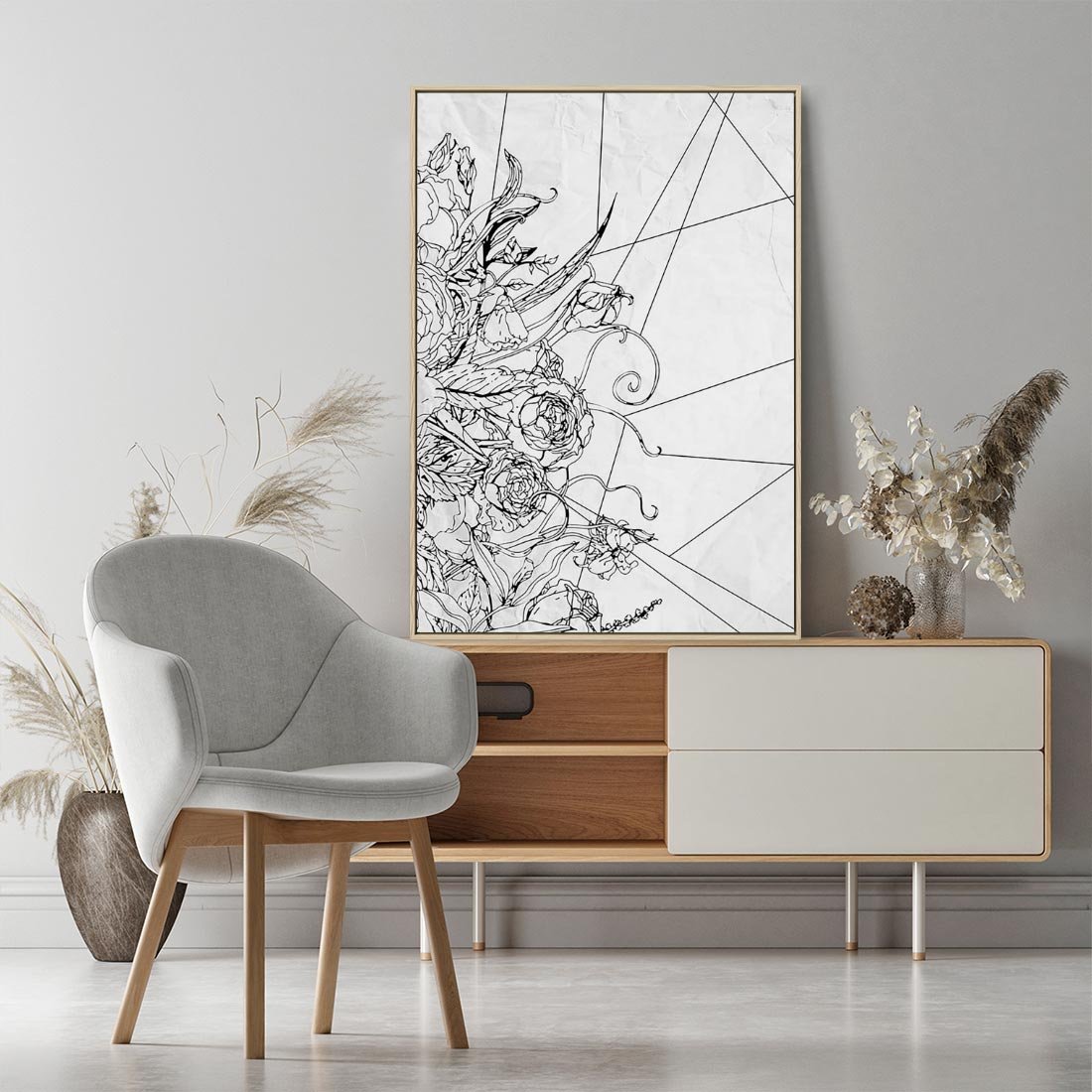 Obraz w ramie 80x120 - Refleksje w martwym punkcie - graficzny szkic, kompozycja kwiatów - rama drewno
