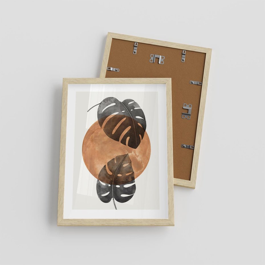 Plakat w ramie 30x40 - Elegancja w Detalach: Miedziane Koło z Monsterą - grafika, miedziane koło - rama drewno