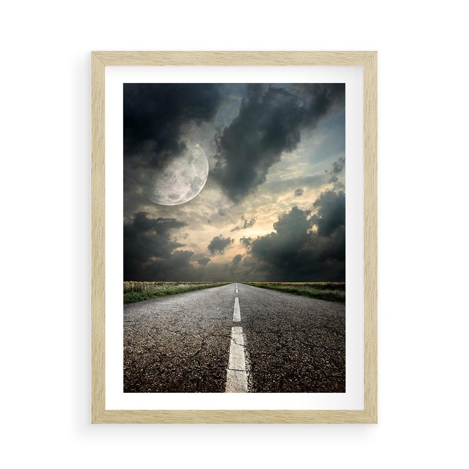 Plakat w ramie 50x70 - magia nocnej drogi - droga, księżyc - rama drewno