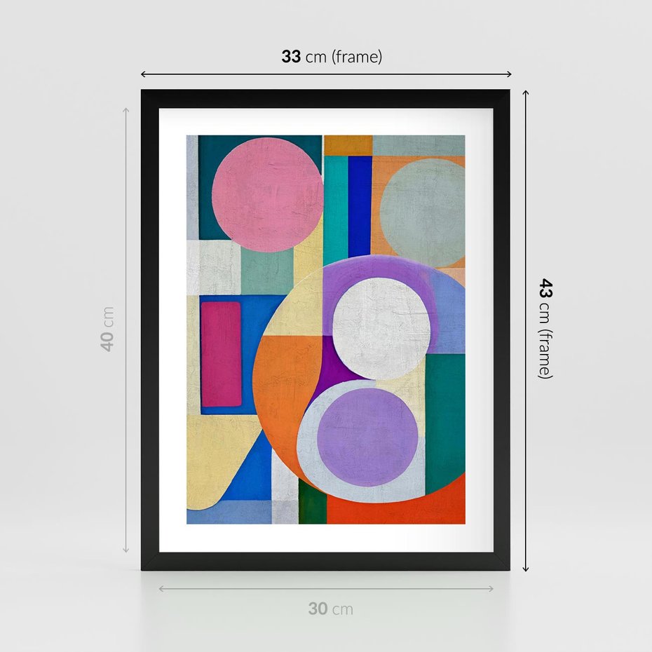 Plakat w ramie 30x40 - Migotliwe Impulsy Dźwięku - różne geometryczne formy, koła - rama czarna