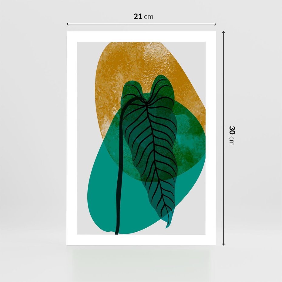 Plakat bez ramy 21x30 - Zielony Liść ze Złotą Plamą - zielony liść, złota plama