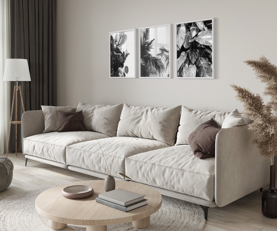 Zestaw obrazy w ramie 40x50 galeria - Liście, czarno, białe, palmy - rama biała