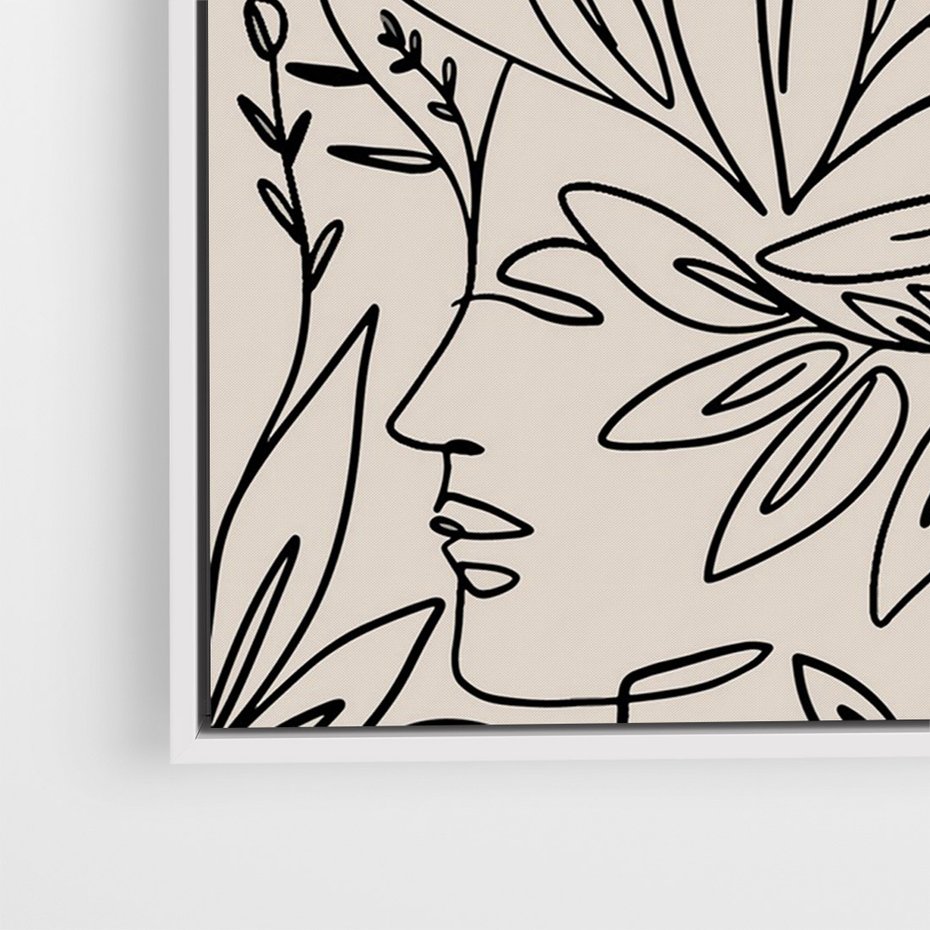 Obraz w ramie 50x70 - Kobiecy Portret Duszy - beżowe tło, czarny szkic nowoczesnych kwiatów - rama biała