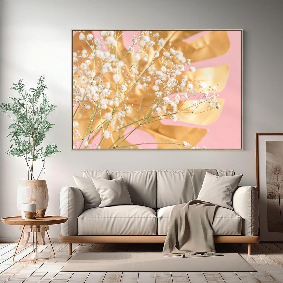 Obraz w ramie 100x70 - : Elegancja w Złocie - złote, liście - rama drewno