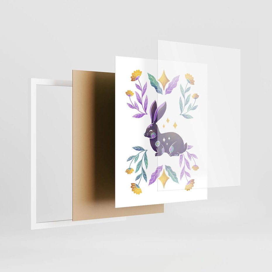 Plakat w ramie 40x50 - Boho Wiatr - boho plakat, królik - rama biała