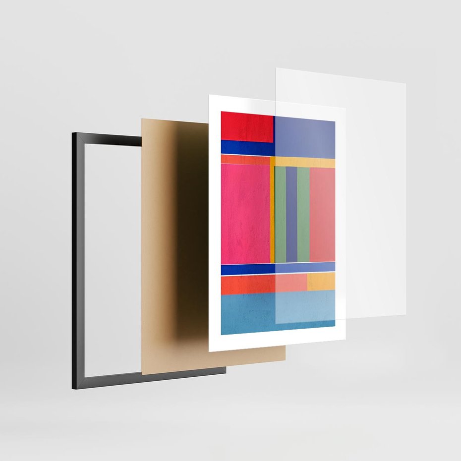 Plakat w ramie 30x40 - Wnętrza Rozplątanych Barw - abstrakcyjny geometryczny obraz olejny, kolorowe pasy - rama czarna