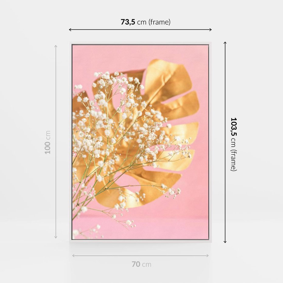 Obraz w ramie 70x100 - : Elegancja w Złocie - złote, liście - rama biała