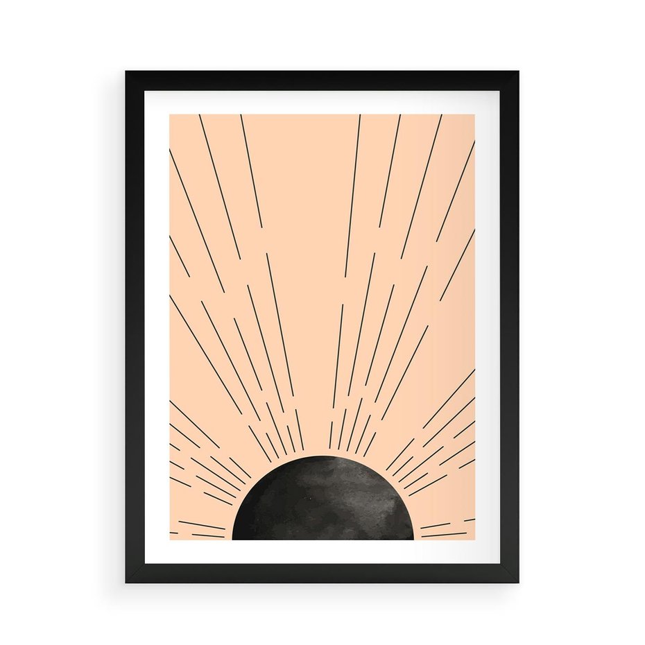 Plakat w ramie 50x70 - Migocące Kształty Promieni - boho czarne słońce, nowoczesna grafika - rama czarna