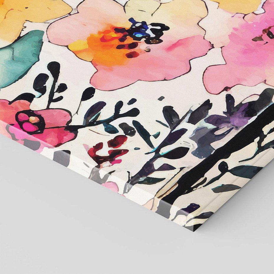 Obraz na płótnie 80x120 - Opowieść w kroplach farb - akwarelowe kwiaty, mocna ornamentowa czarna ramka namalowana dookoła obrazu