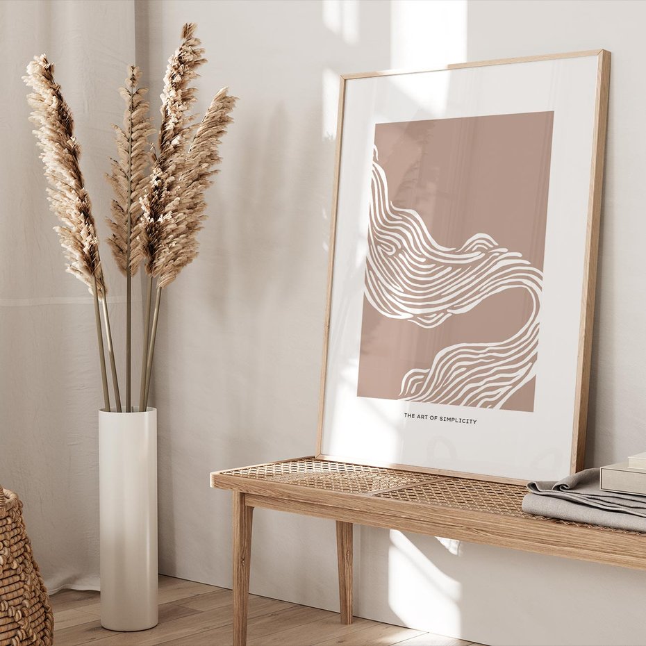 Plakat w ramie 40x50 - Harmonijne Granice - sztuka minimalizmu, biała rycina - rama drewno