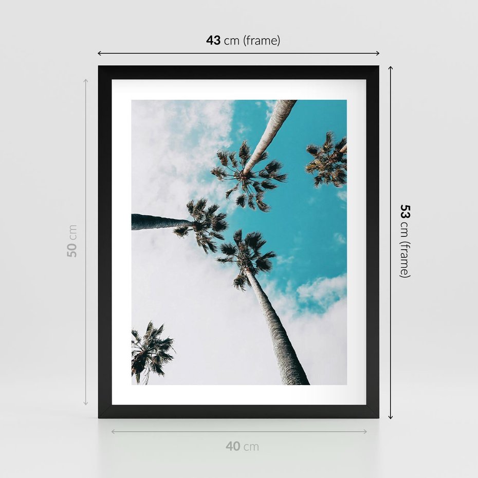 Plakat w ramie 40x50 - Palmy w Gorącym Niebie - palmy, ujęcie z dołu - rama czarna