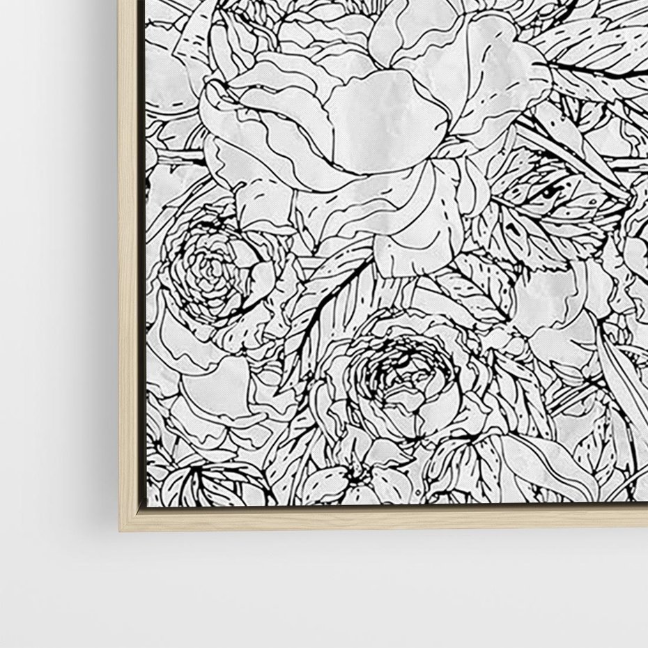 Obraz w ramie 70x50 - Refleksje w martwym punkcie - graficzny szkic, kompozycja kwiatów - rama drewno