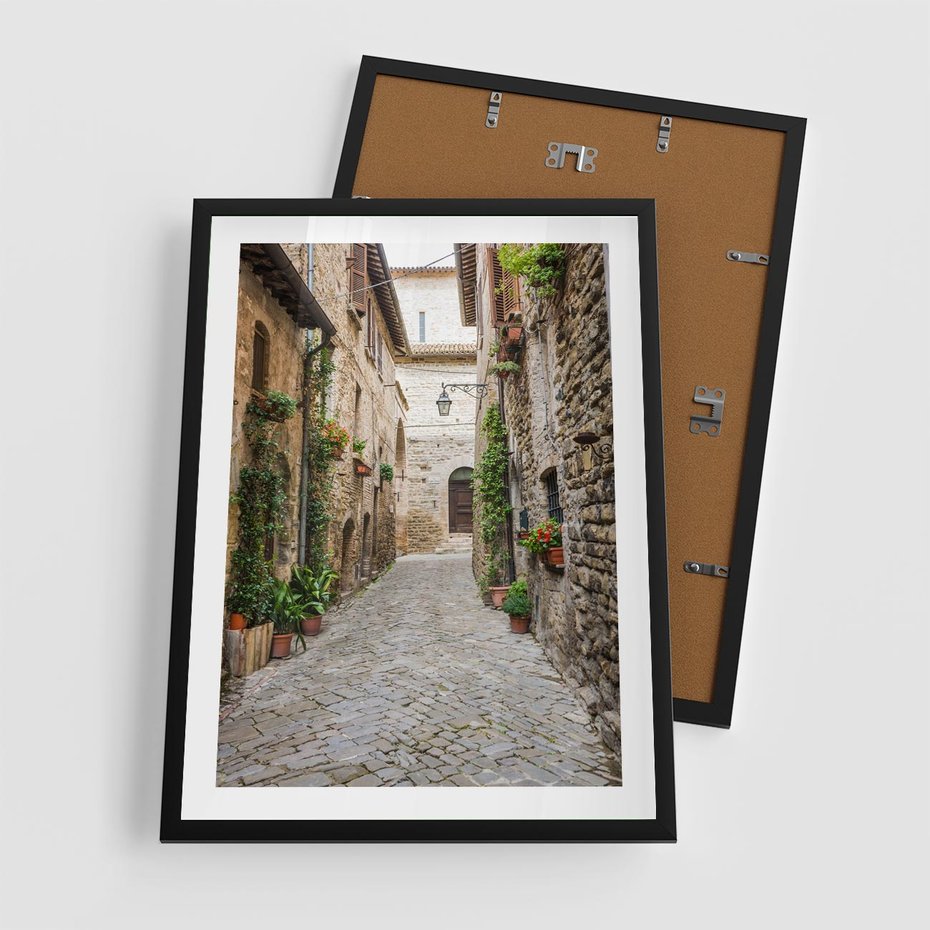Plakat w ramie 50x70 - Urok Uliczki we Włoszech - uliczka, Włochy - rama czarna