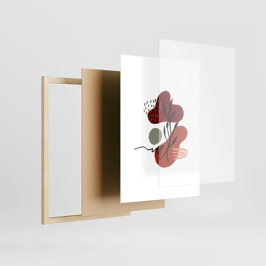 Plakat w ramie 30x40 - Migocące Kształty Liści - bstrakcyjna sztuka, boho kształty - rama drewno
