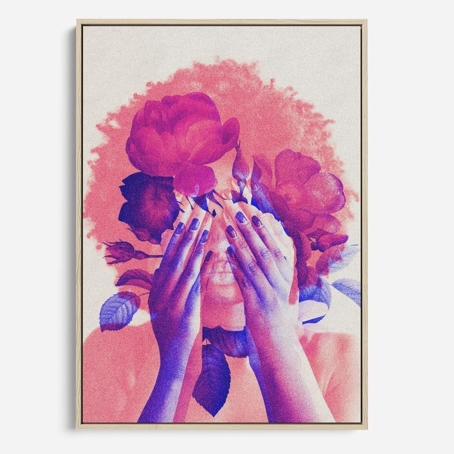 Obraz w ramie 70x100 - Kwiaty we Włosach - różowa postać, grafika - rama drewno