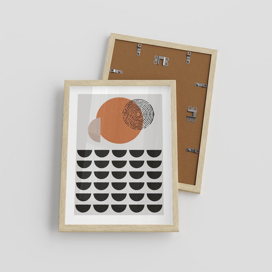 Plakat w ramie 30x40 - Geometryczna Ekspresja - geometryczny graficzny obraz, pomarańczowe koło - rama drewno