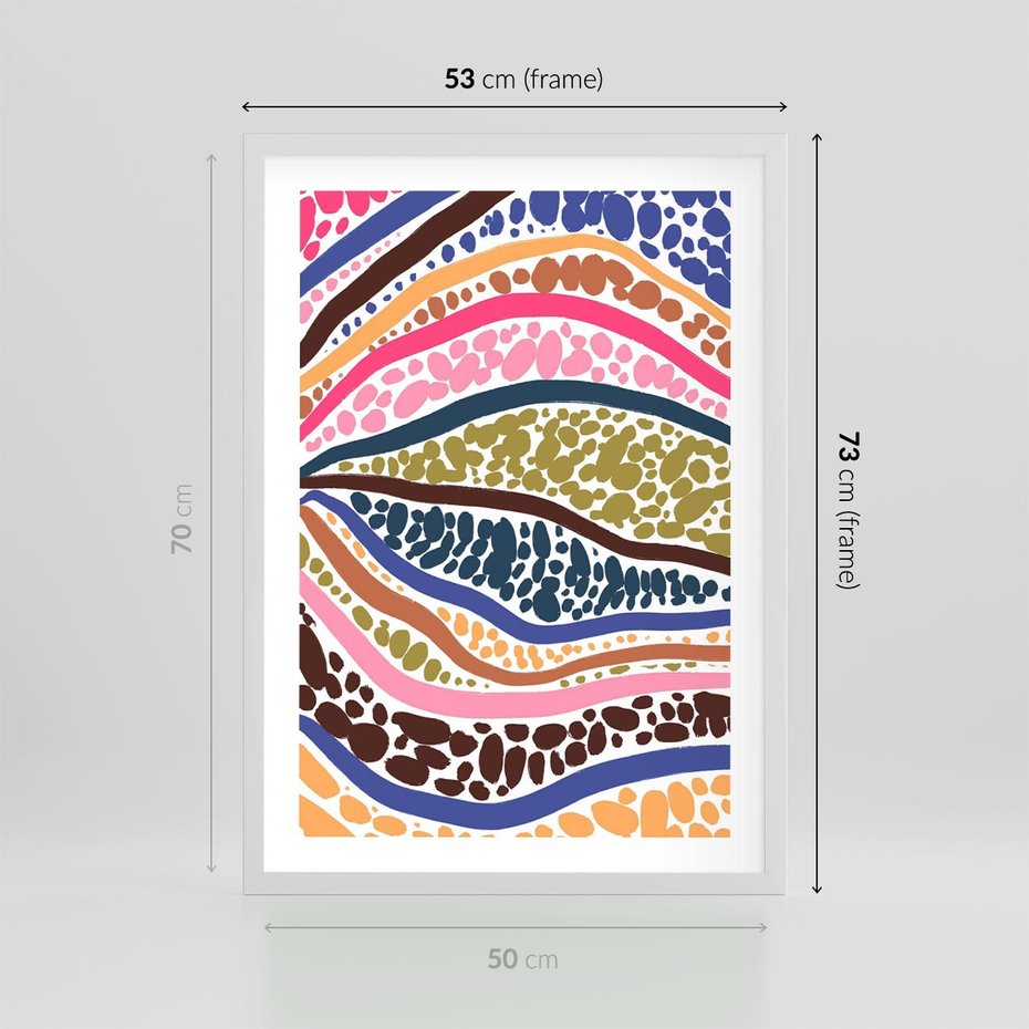 Plakat w ramie 50x70 - Wibracje Plam - kolorowe wzory, tęczowe żywe kolory - rama biała