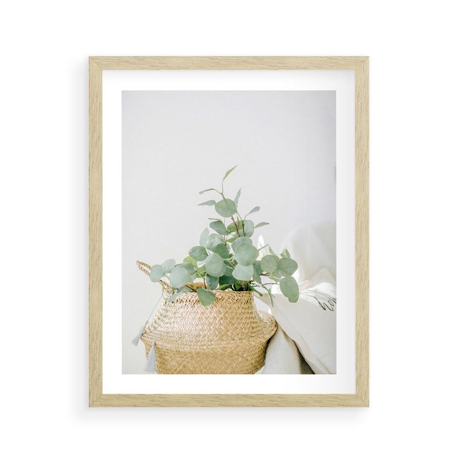 Plakat w ramie 40x50 - Eukaliptusowa Świeżość - eukaliptus, liście w koszu z wikliny - rama drewno