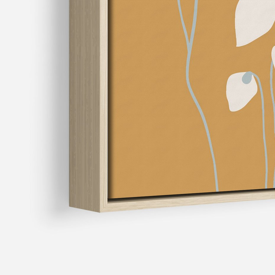 Obraz w ramie 80x120 - Kwiatowy Spektakl - minimalistyczne kwiaty, na pomarańczowym tle - rama drewno