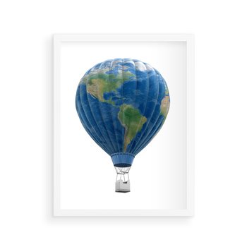 Plakat w ramie 50x70 - Podróżniczy balon nad ziemią - balon, ziemia - rama biała