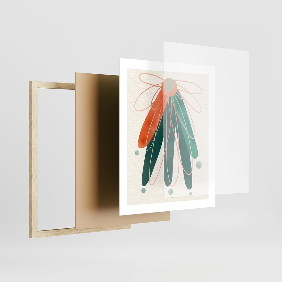 Plakat w ramie 40x50 - Energetyczna Harmonia Kwiatów - akwarelowe abstrakcyjne kształty, zieleń i pomarańcz - rama drewno