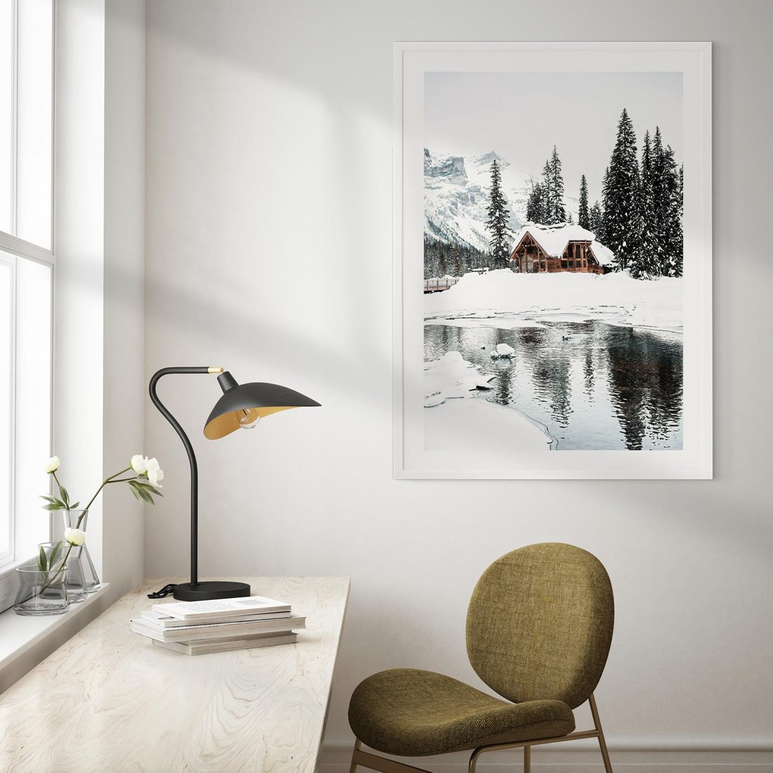 Plakat bez ramy 30x40 - Urok Zimowego Krajobrazu - domek w górach, zima