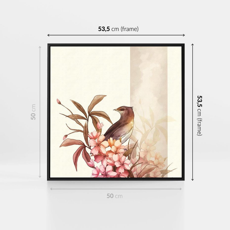 Obraz w ramie 50x50 - Kwiatowe Zanurzenie - japońska sztuka, ptak - rama czarna