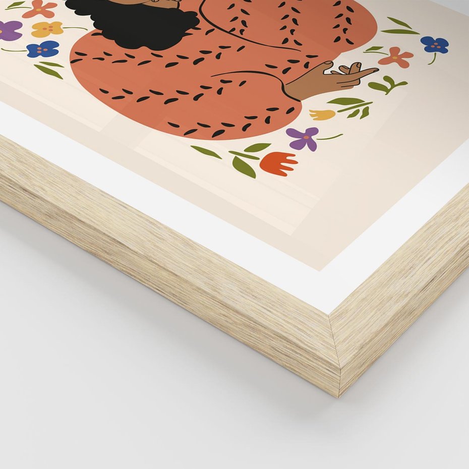 Plakat w ramie 50x70 - Rozplątane Emocje - nowoczesny plakat, kobieta otoczona kwiatami - rama drewno