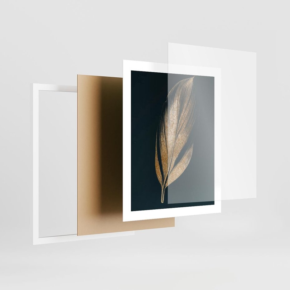 Plakat w ramie 40x50 - Mroczne Złoto - nowoczesna grafika, złoty liść na czarnym tle - rama biała