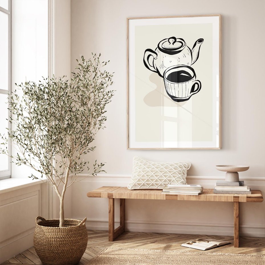 Plakat w ramie 50x70 - Kawa w Minimalistycznym Szkicu - grafika, szkic - rama drewno