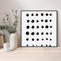 Obraz w ramie 50x50 - Refleksje Światła - minimalistyczna kompozycja, czarne kropkina białym tle - rama czarna
