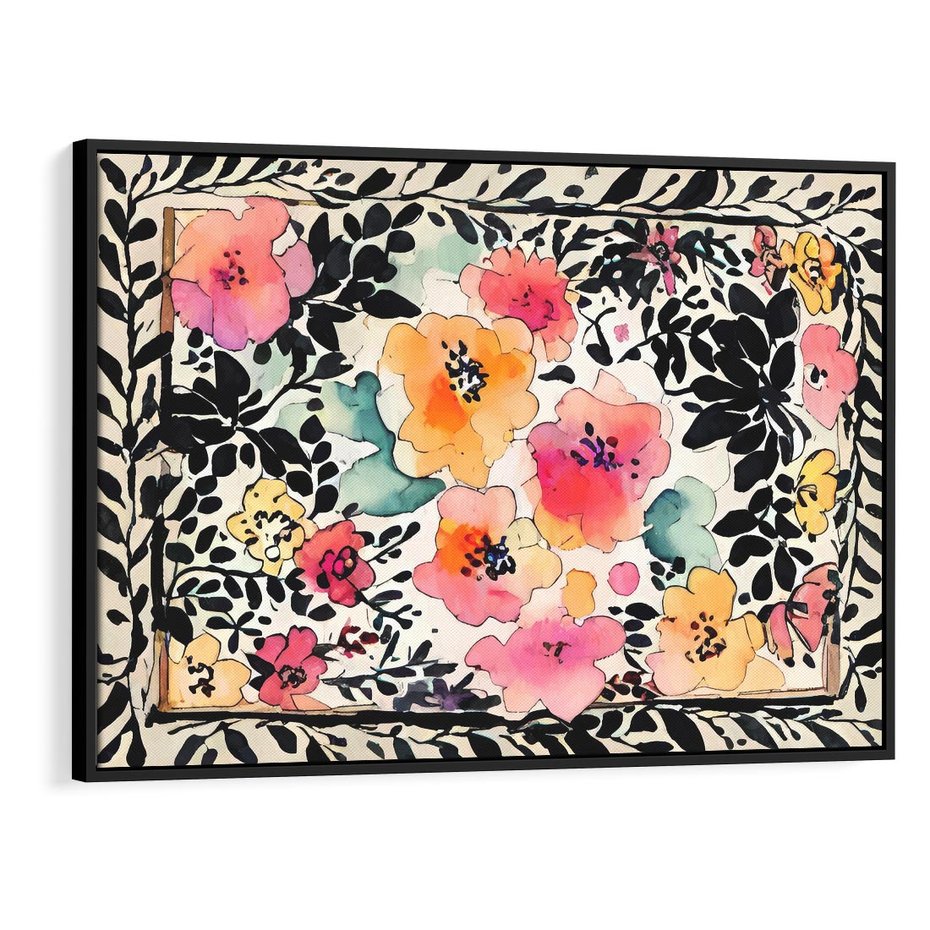 Obraz w ramie 100x70 - Opowieść w kroplach farb - akwarelowe kwiaty, mocna ornamentowa czarna ramka namalowana dookoła obrazu - rama czarna