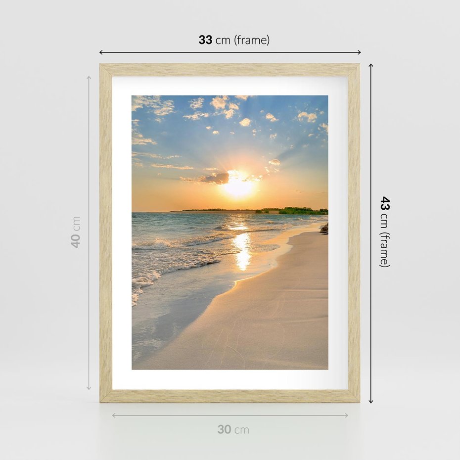 Plakat w ramie 30x40 - Zachód słońca na plaży - plaża, zachód - rama drewno