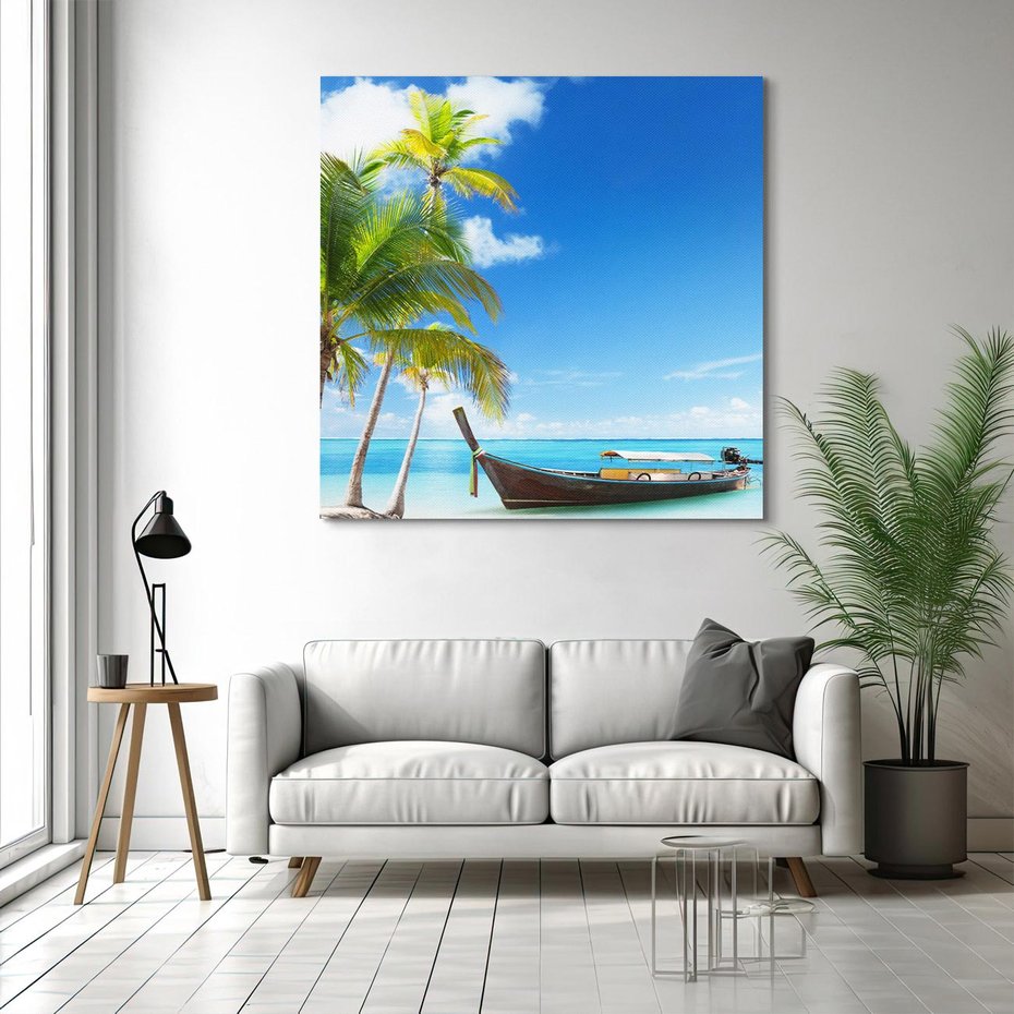 Obraz na płótnie 80x80 - Sielska plaża z łodzią na morzu - plaża, morze