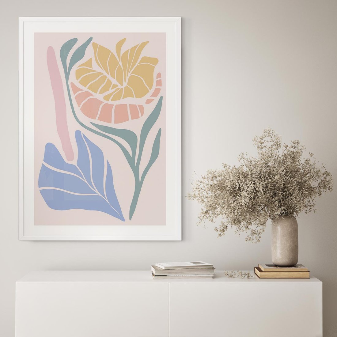 Plakat w ramie 40x50 - Kwiatowe Granice Kształtów - nowoczesny plakat, kwiaty w pastelowych kolorach - rama biała