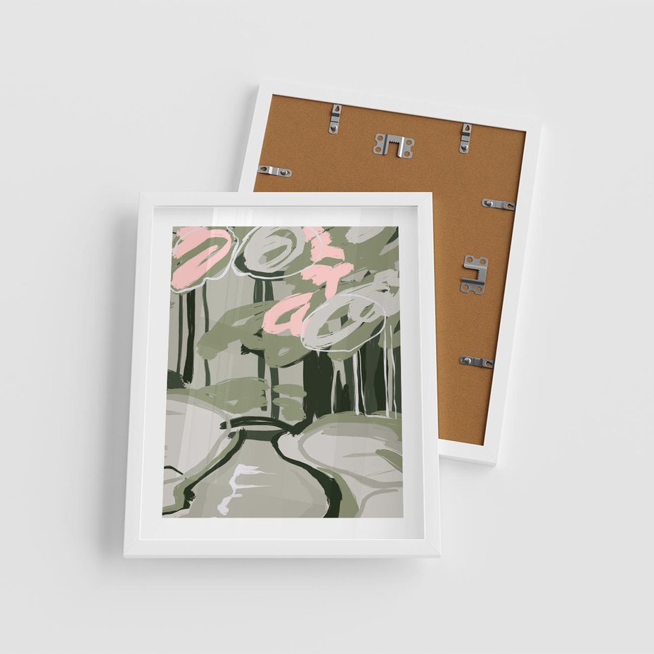 Plakat w ramie 40x50 - Leśny Zakątek - pastelowy krajobraz, nowoczesny plakat - rama biała