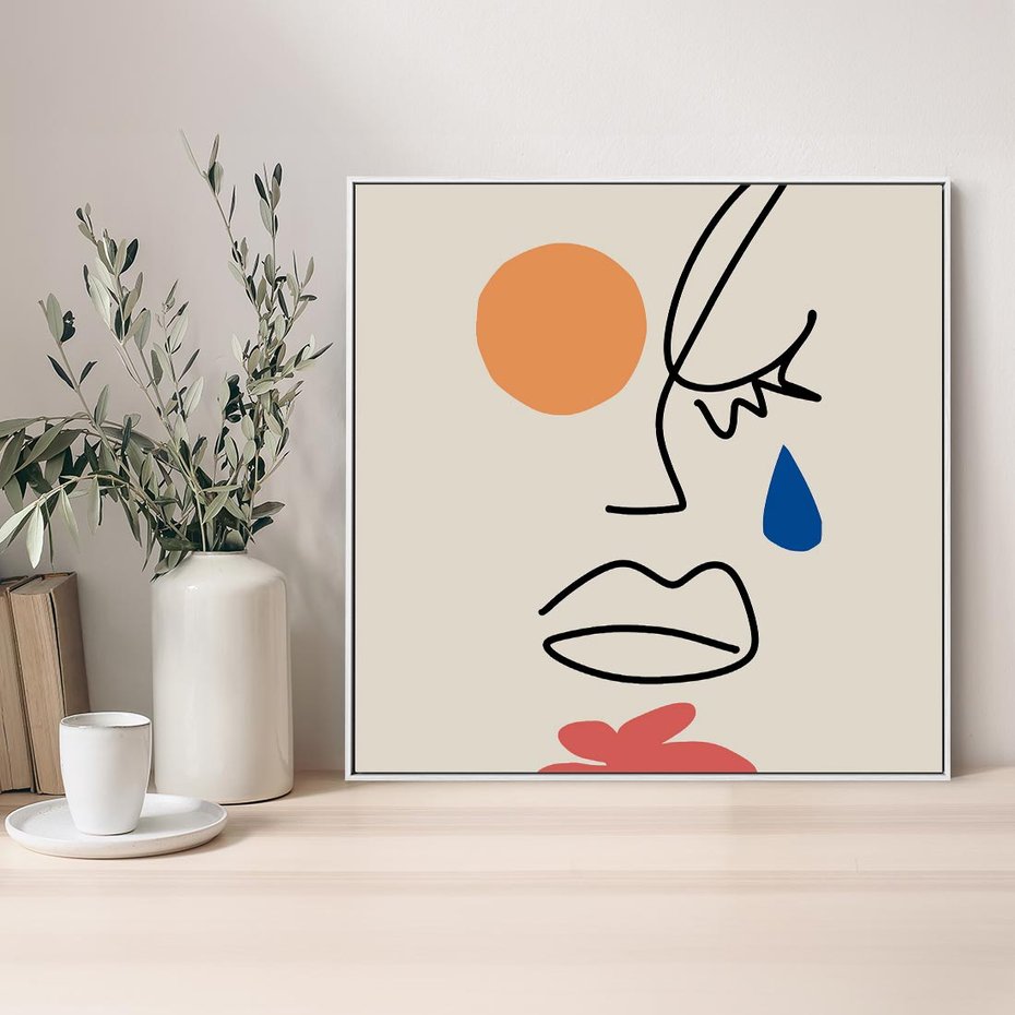 Obraz w ramie 80x80 - Impresje Plam - abstrakcyjny obraz, przypomina twarz - rama biała