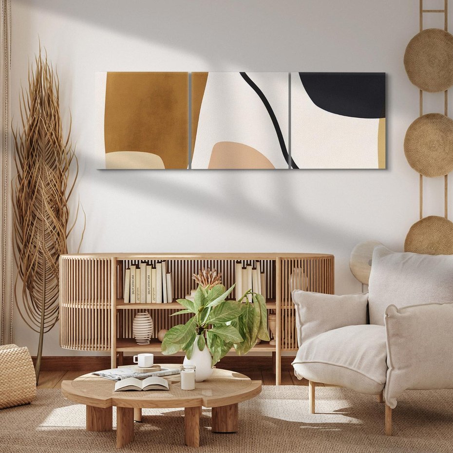 Obraz na płótnie 90x30 - Harmonia chaosu i porządku - abstrakcyjne kształty, kolory beżu i brązu