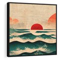 Obraz w ramie 50x50 - Czerwone Melodie - japońska sztuka, zachód słońca nad oceanem - rama czarna