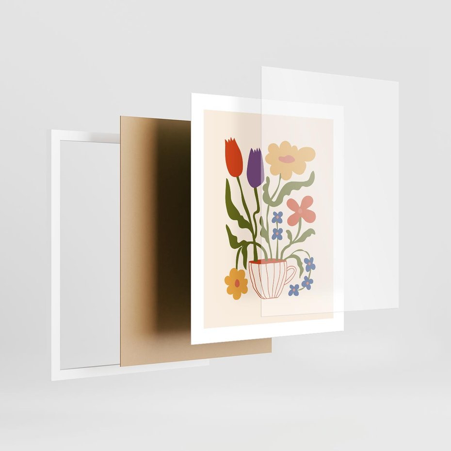Plakat w ramie 40x50 - Kolorowe Granice - kwiaty w filizance, abstrakcja - rama biała