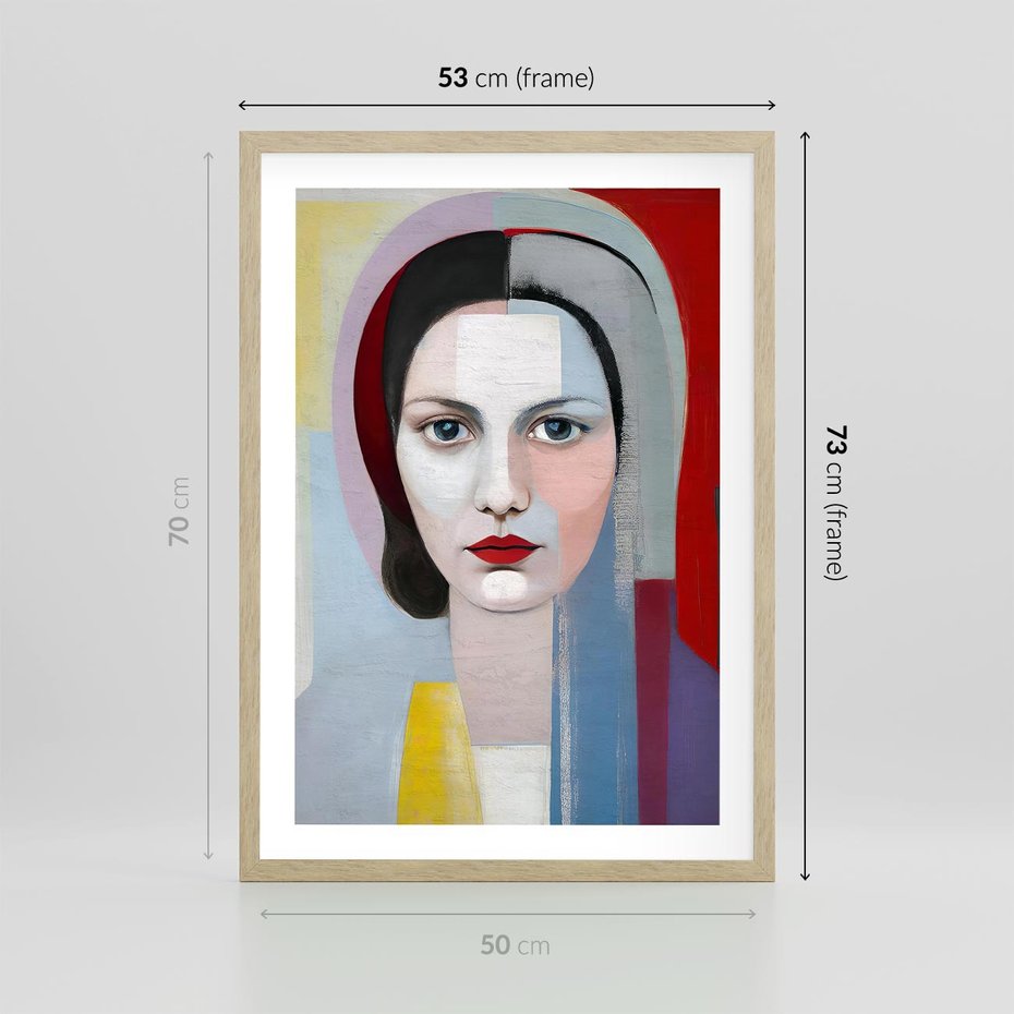Plakat w ramie 50x70 - Kolorowe Granice Form - abstrakcyjny obraz olejny, portret twarzy kobiety - rama drewno