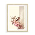 Plakat w ramie 50x70 - Kwiatowe Zanurzenie - japońska sztuka, ptak - rama drewno