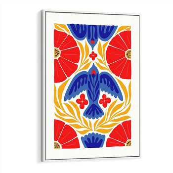 Obraz w ramie 50x70 - Eklektyczny Majestat - wyrazista grafika, mocne kolory czerwień niebieski żółty - rama biała