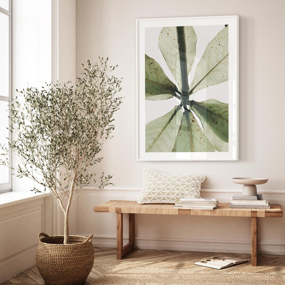 Plakat w ramie 40x50 - Jasna Zieleń w Makro - makro zdjęcie liści, jasna zieleń - rama biała