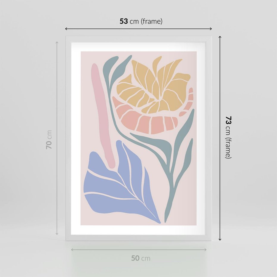 Plakat w ramie 50x70 - Wyjątkowe Ukojenie - pastelowe kwiaty, na beżowym tle - rama biała