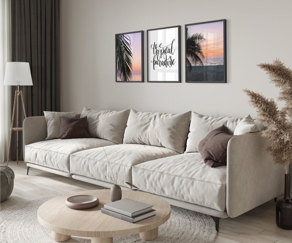 Zestaw obrazy w ramie 50x70 galeria - Tropikalne, palmy, zachód, słońca - rama czarna